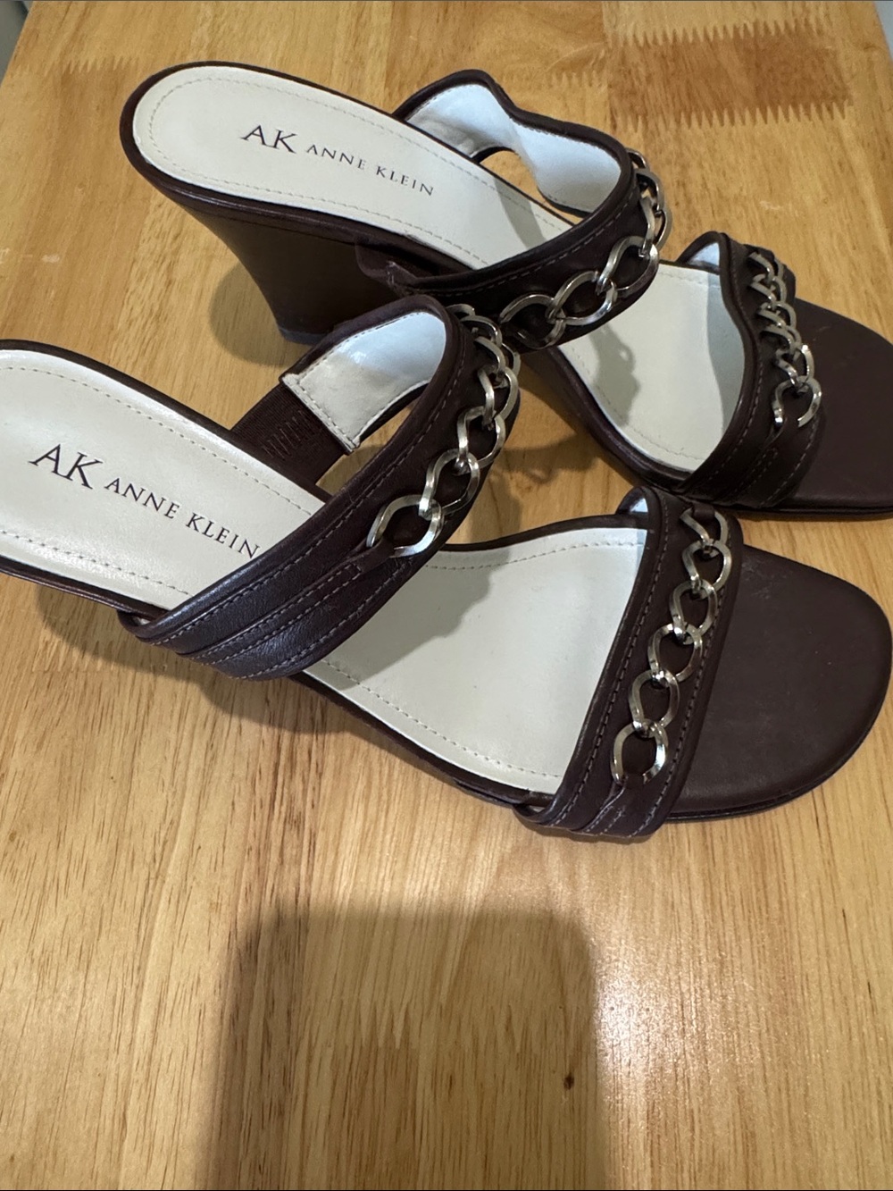 Anne Klein Brown Leather Chain-Trim Wedge Sandals